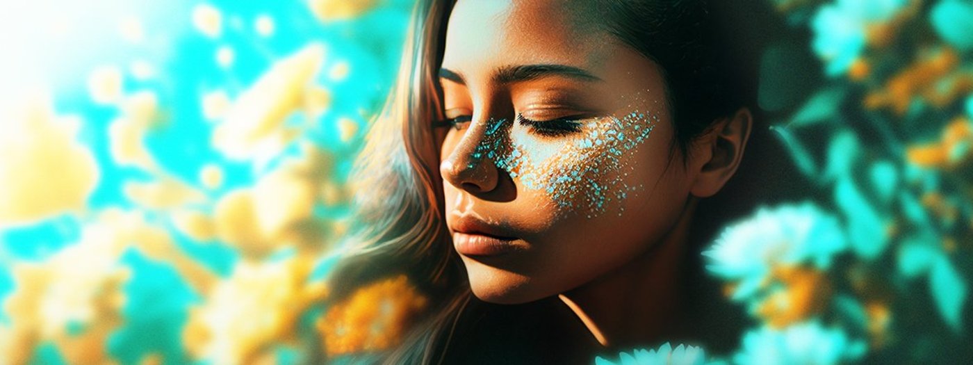 Grafik Frau mit blauen Blumen und blauen Flecken im Gesicht